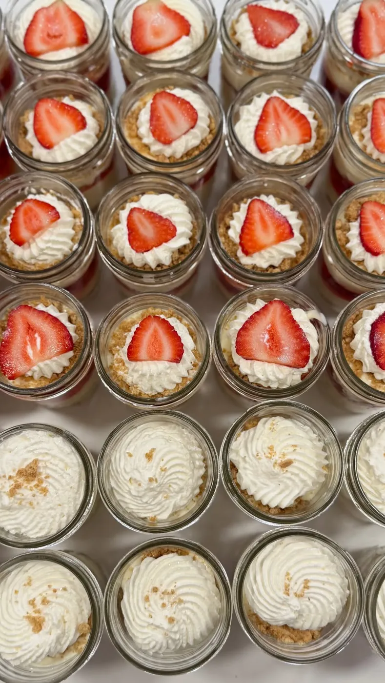 Dessert cups topped with cream and strawberries